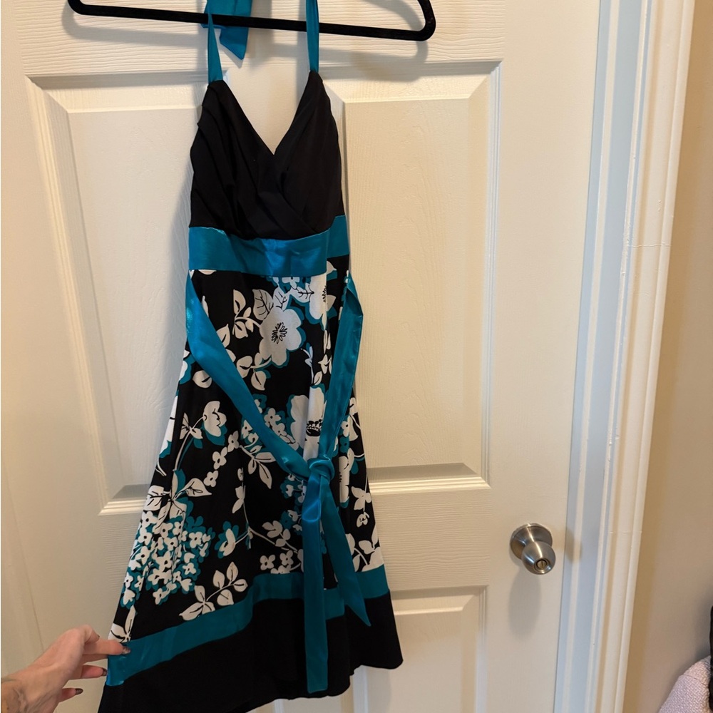 Trixxi Black/White and Blue Floral Halter Dress